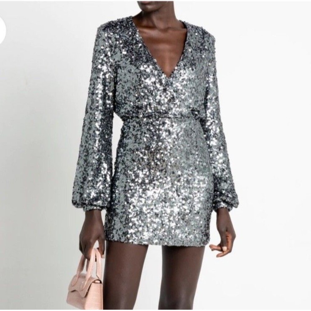 O.P.T.‎ Anthropologie Mini Dress Small Silver Sequin Deep V Neck Glam Party Wrap